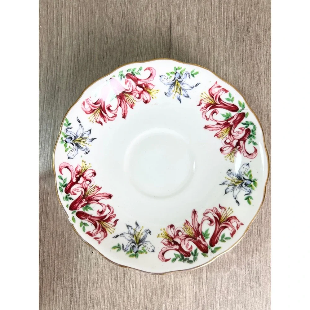 Colclough Bone China Tea Cup and Saucer Set Red Blue Lily Floral Made in England